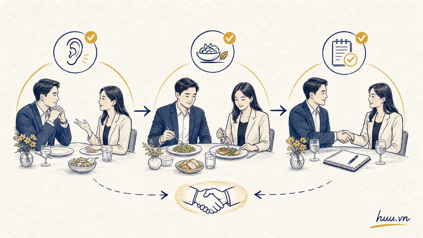 Ba thói quen giao tiếp bàn tiệc giúp tạo sự tin cậy với khách hàng.
