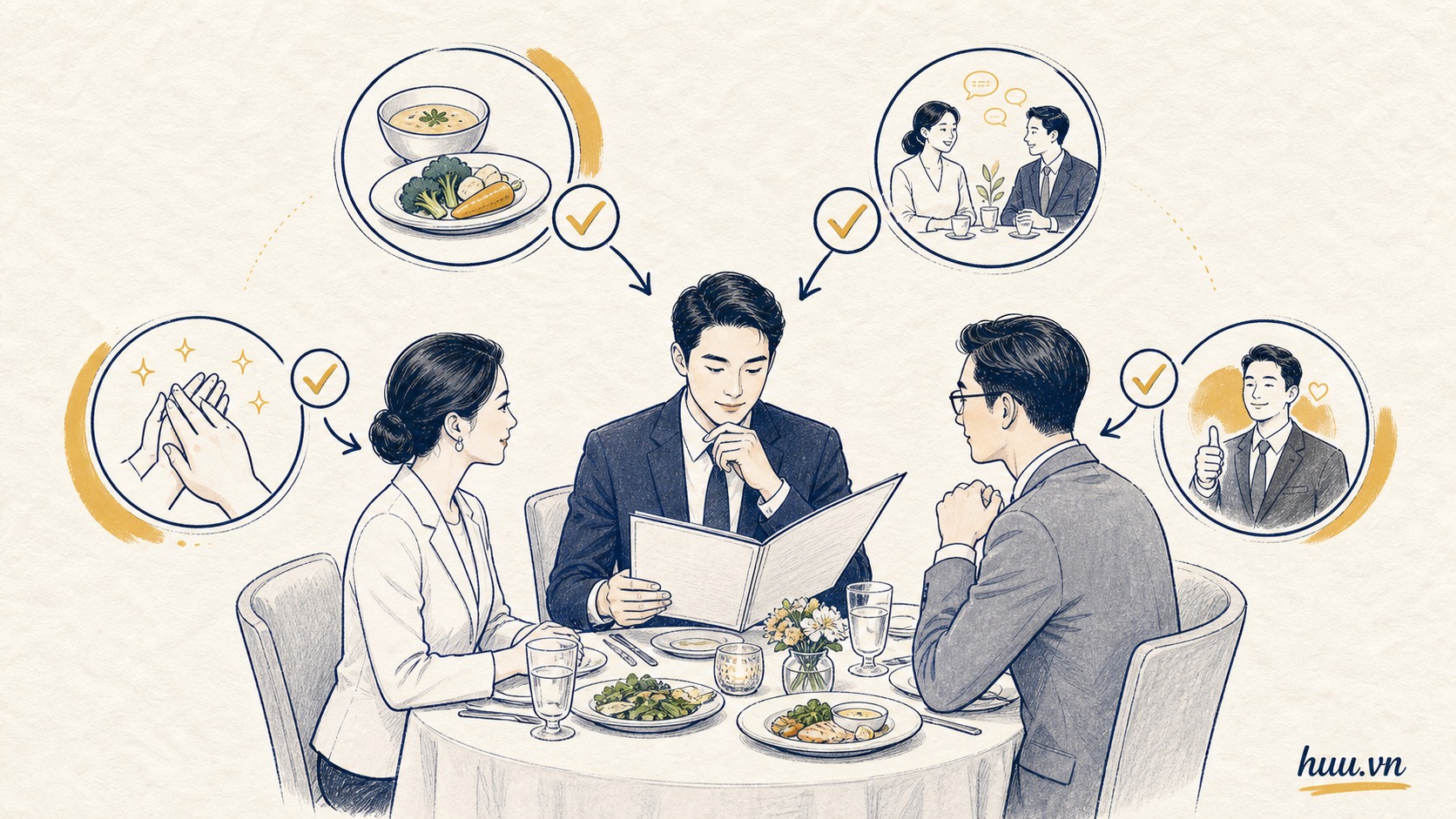 Chọn món ăn an toàn khi đi tiếp khách để giữ tác phong chuyên nghiệp.
