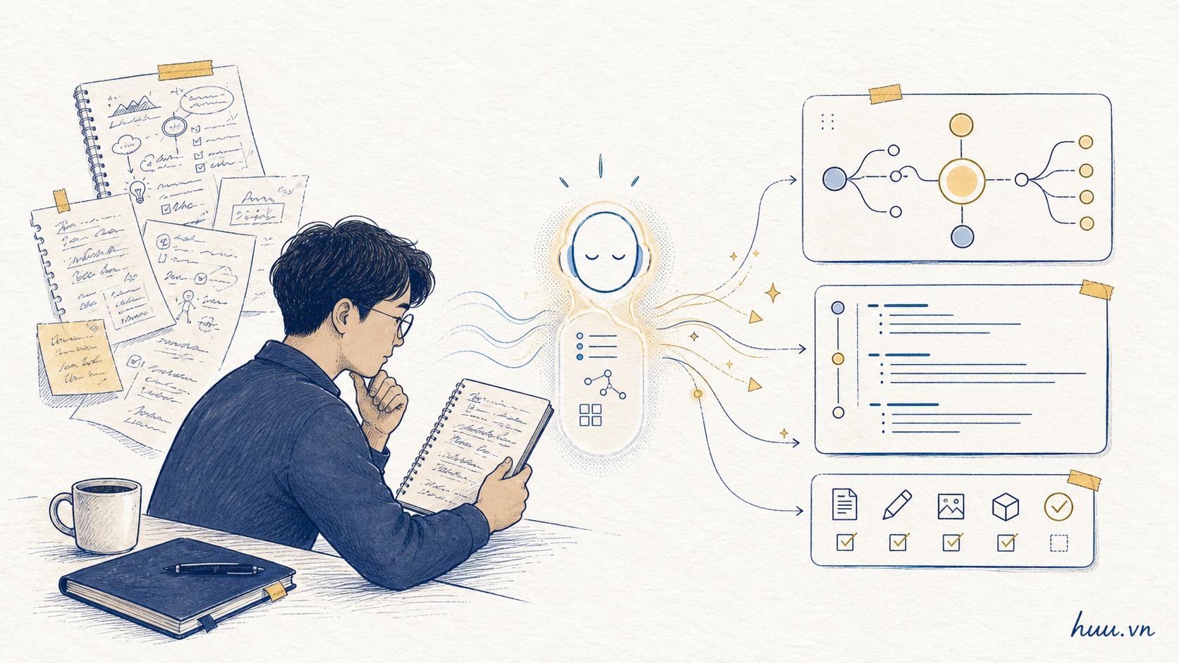 AI hỗ trợ biến ghi chú lộn xộn thành bản đồ quyết định và đầu ra cụ thể.