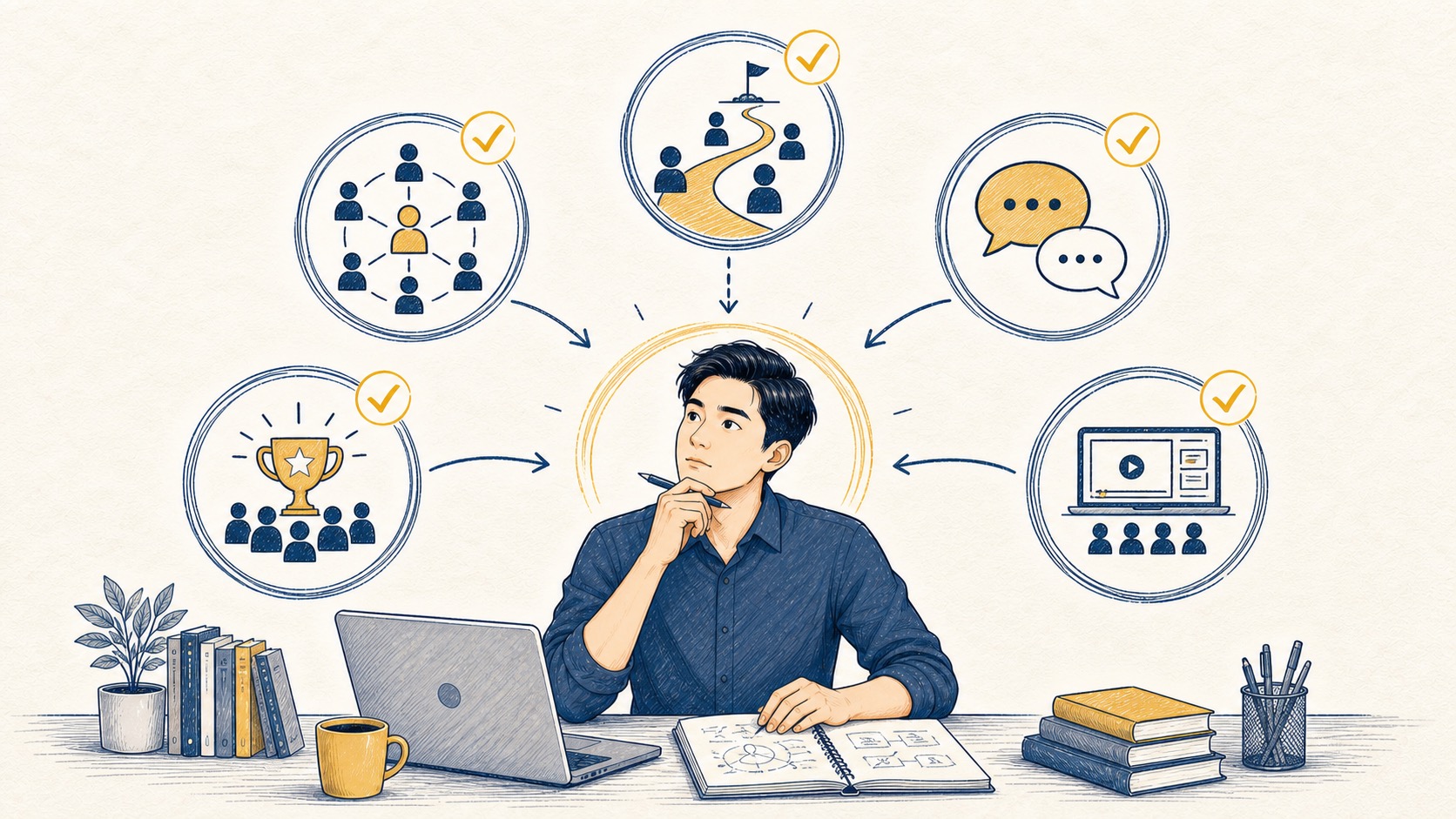 bán cộng đồng với các biểu tượng thành viên, lộ trình, đối thoại và câu chuyện thành công