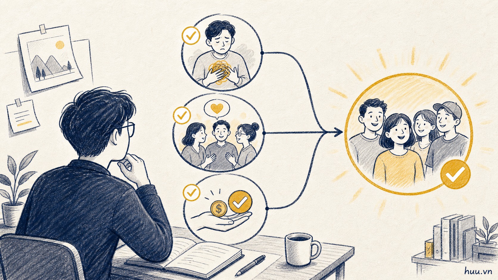 Minh họa ba tiêu chí của một ngách tốt gồm đủ đau đủ gần và đủ khả năng trả tiền.
