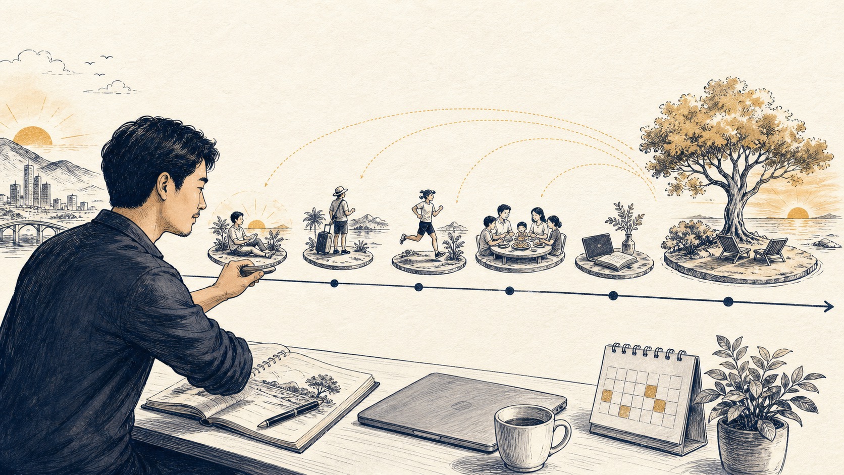 Minh họa phân bổ những kỳ nghỉ nhỏ trong hành trình cuộc sống thay vì chờ về cuối đời