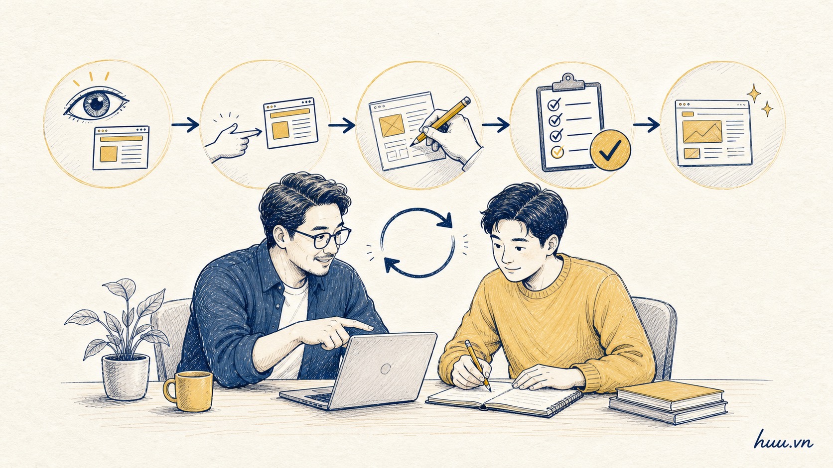 Minh hoạ quá trình cầm tay chỉ việc gồm làm mẫu, thực hành, phản hồi, sửa sai và lặp lại.