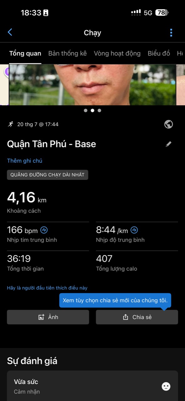 Thông số buổi chạy 4,16 km ở Quận Tân Phú với nhịp tim và pace trung bình