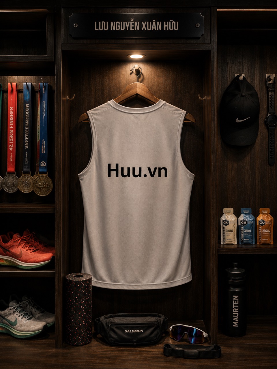 Tủ đồ chạy bộ với áo HUU.vn giày chạy bộ đồng hồ và huy chương marathon