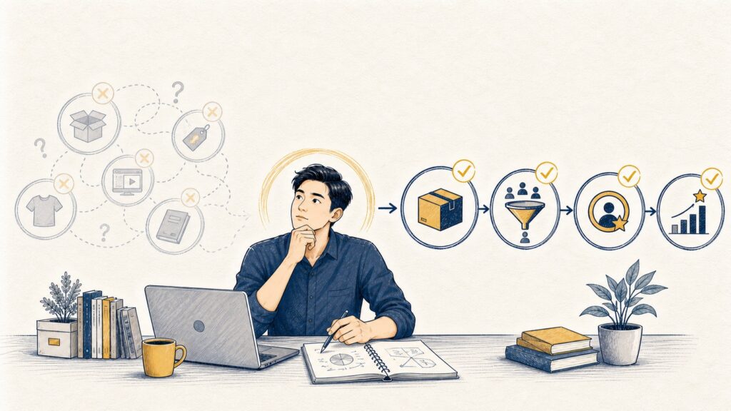 Phễu sản phẩm nối điểm A của khách hàng với điểm B mà họ muốn đạt được