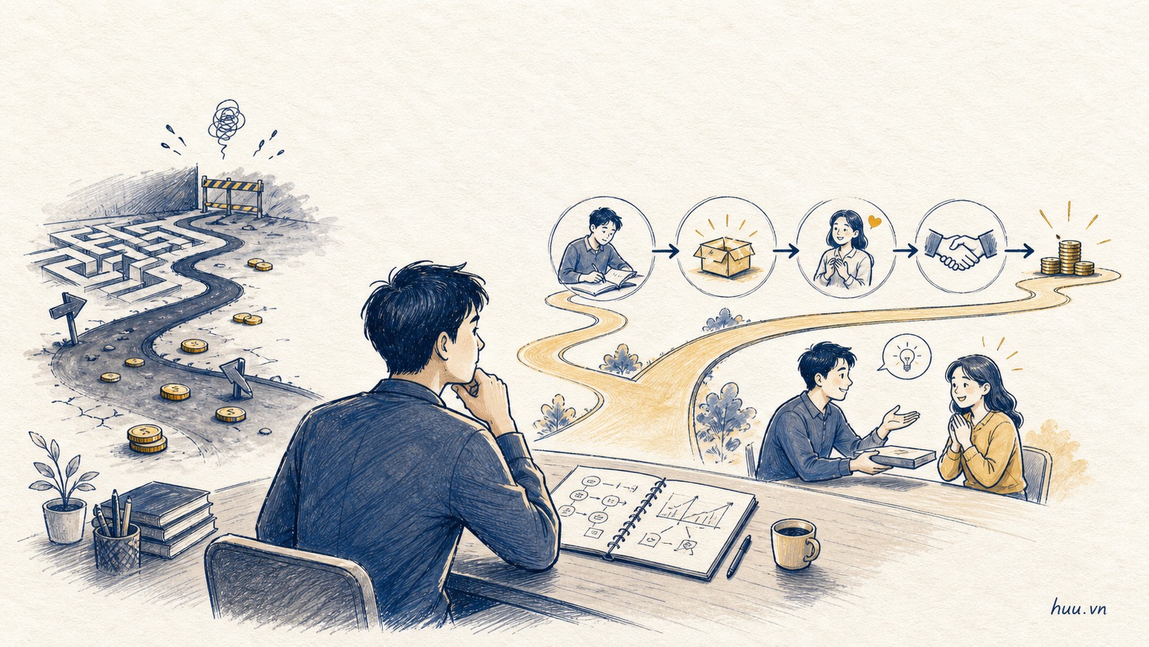 Minh họa chuyển từ việc chạy theo tiền sang tạo giá trị rõ ràng cho người cần mình.