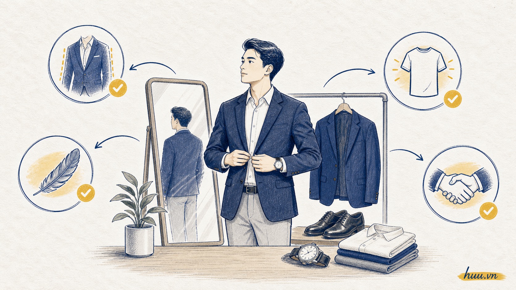 Trang phục gặp khách hàng thượng lưu nên ưu tiên sự vừa vặn và tinh tế.