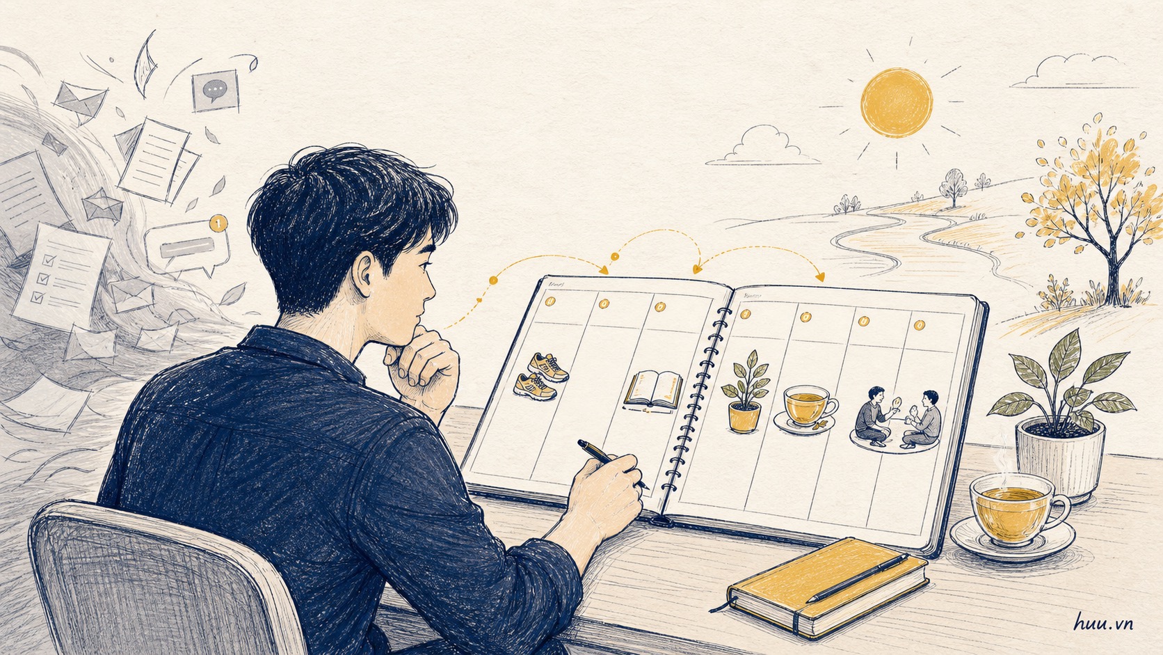 Minh họa thiết kế lại nhịp sống sau khi nghỉ bớt việc
