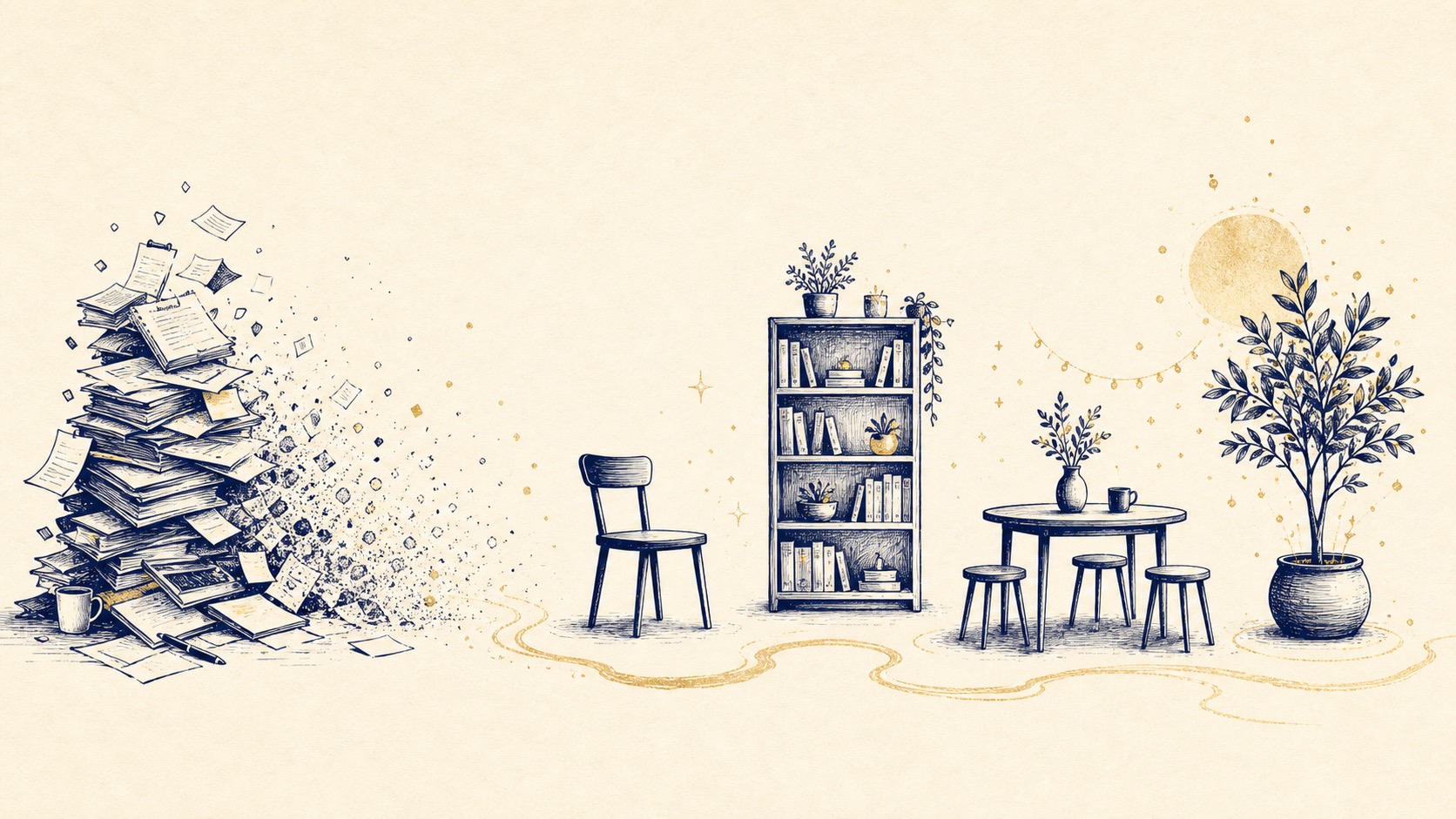 Minh họa khoảng trống sau khi bỏ bớt bận rộn được chuyển thành học hỏi và cộng đồng