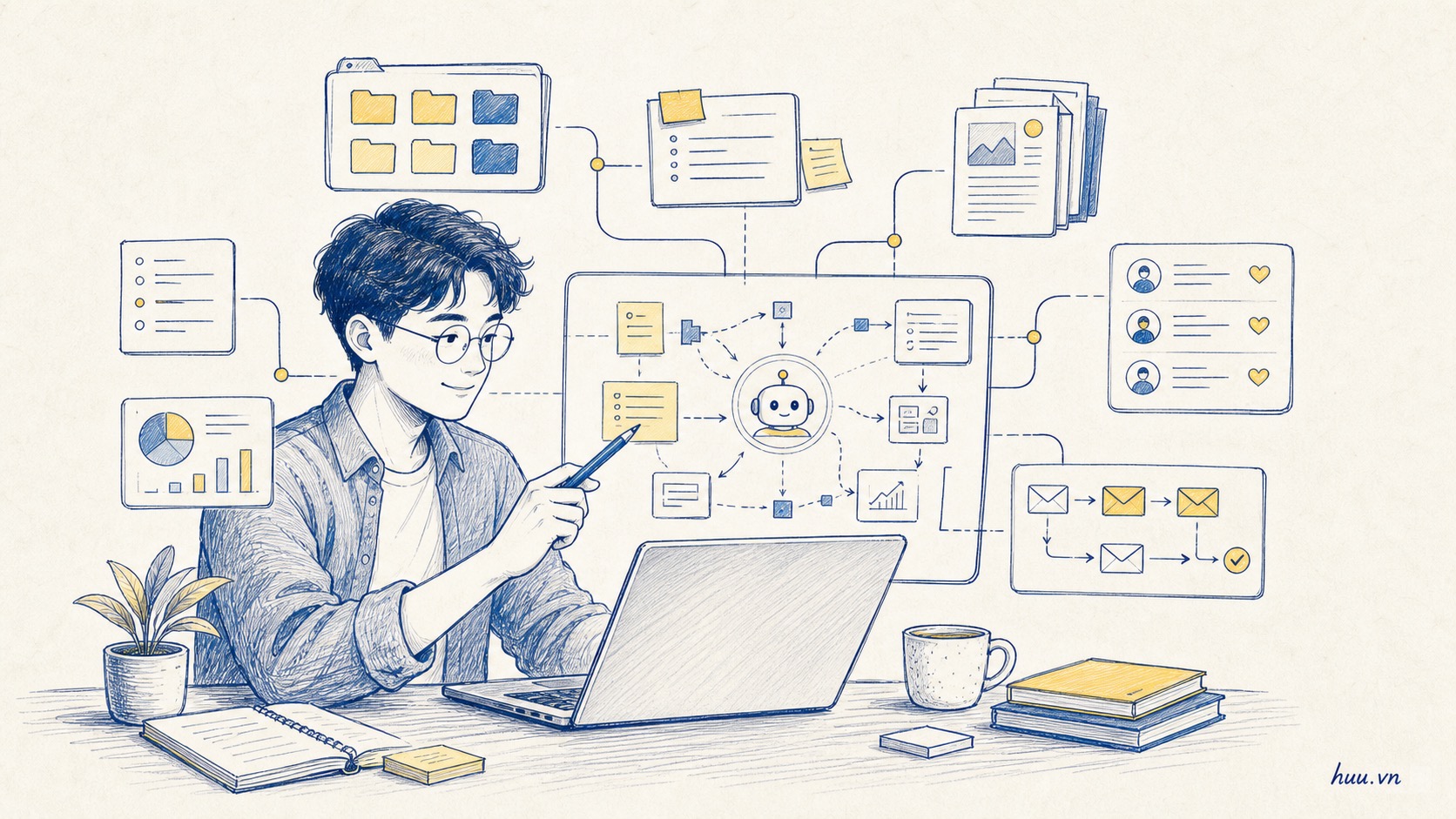 Minh họa người làm nội dung điều phối AI laptop dữ liệu blog email và khách hàng